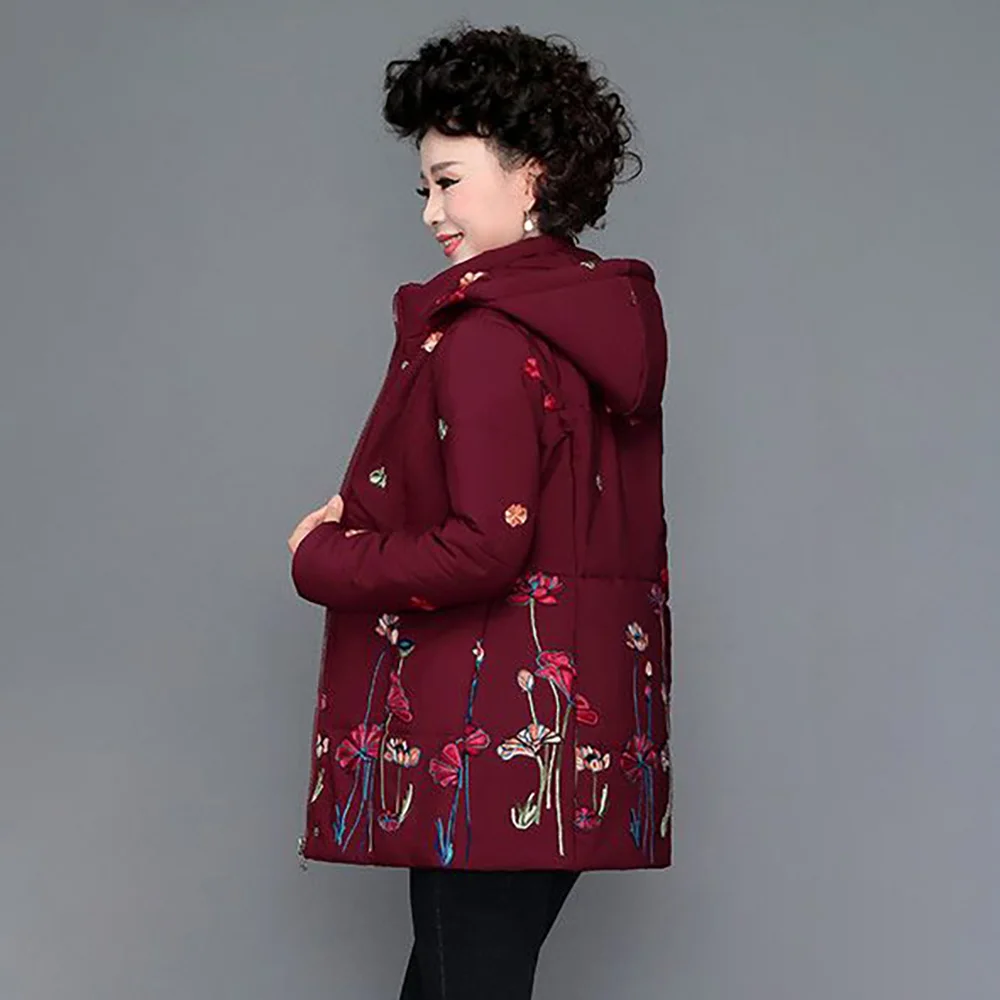 Mother Winter Hooded Printed Cotton-padded Jacket 2024 New Fashion Fleece Middle-aged And Elderly Warm Grab Cotton-Padded Jacket