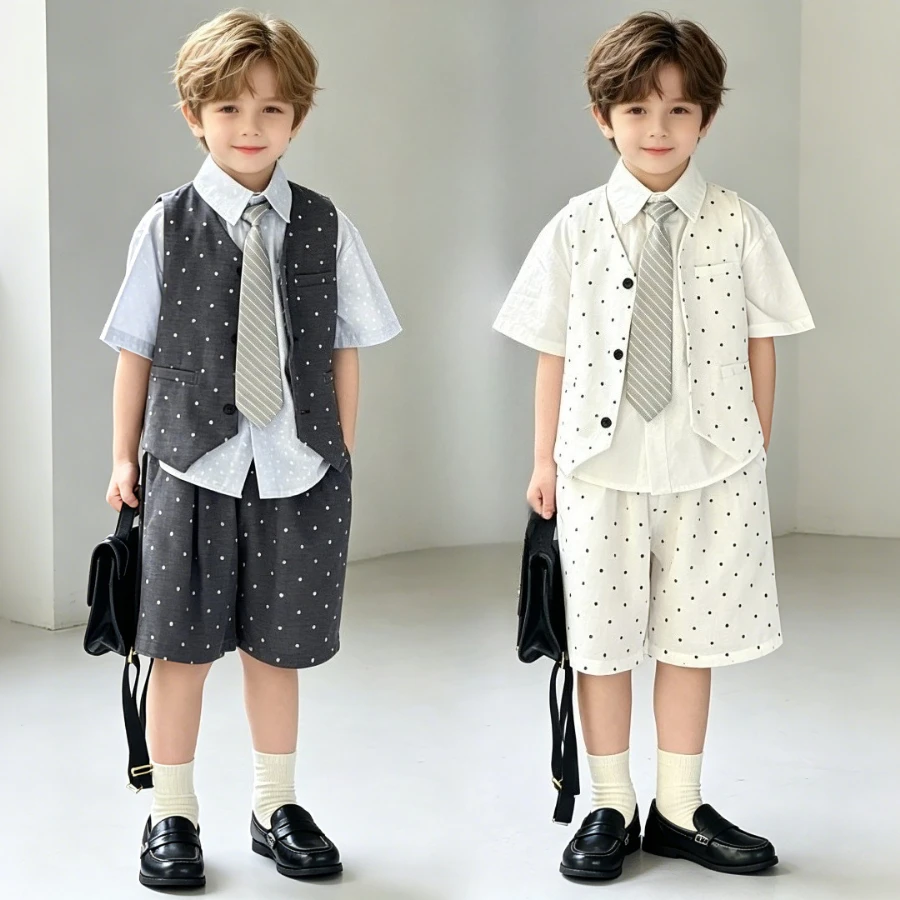 Boys Polka Dot Vest Set Shirt Shorts with Tie Gentleman Outfit for Kids Summer Wedding Party Holiday Performance Wear Costume