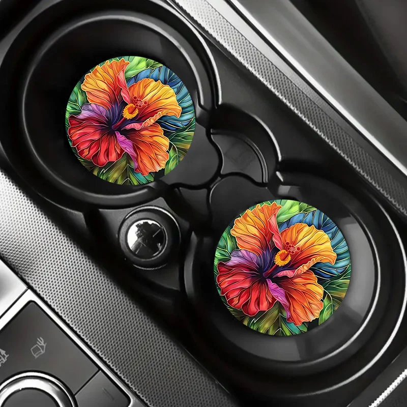 2pcs Hibiscus Flower Faux Leather Car Cup Coasters, Durable, Easy-to-Clean, Universal Fit, Floral Vehicle Cup Holder Decor, With