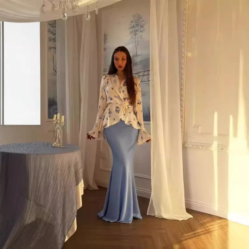 Women Ditsy Floral Co Ord Set V Neck Wrap Flare Long Sleeve Tie Waist Top Silky Satin Mermaid Floor Length Skirt Two Piece Suit view 4