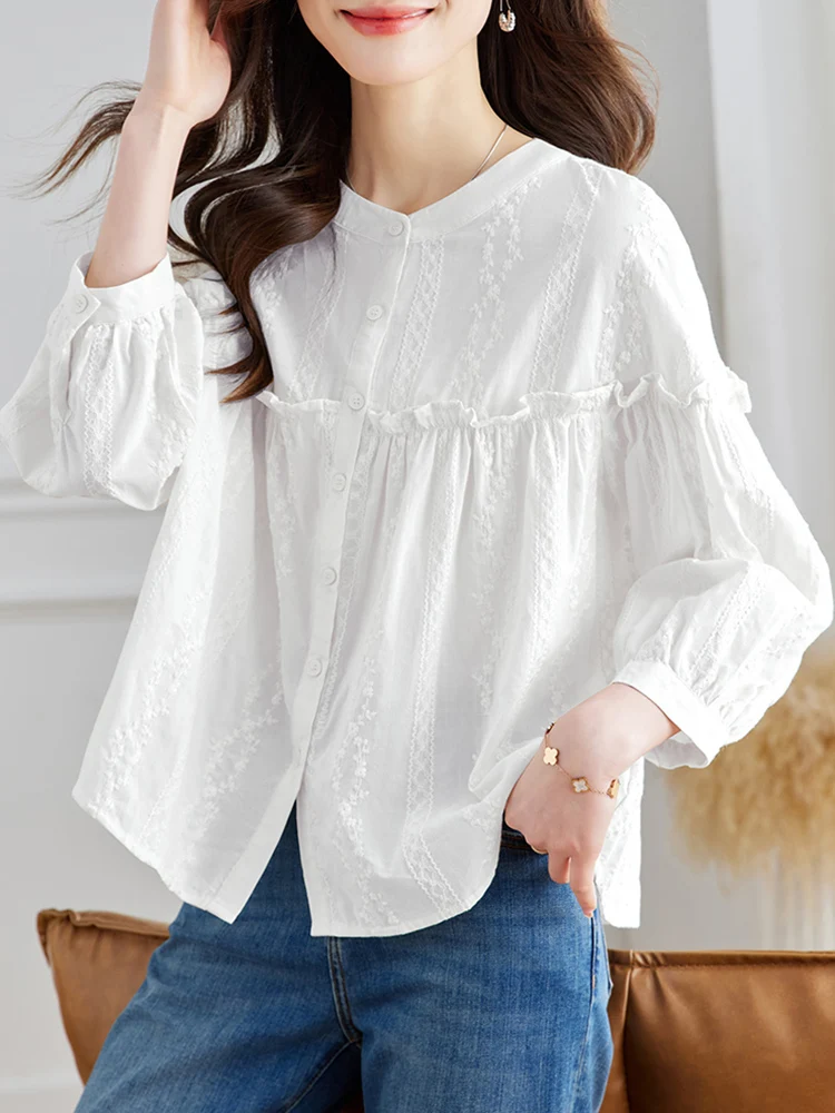 

Korean Fashion White Shirts Long Sleeve Buttons Flower Blouse S-XXL Ruffles Loose Tops Shirt