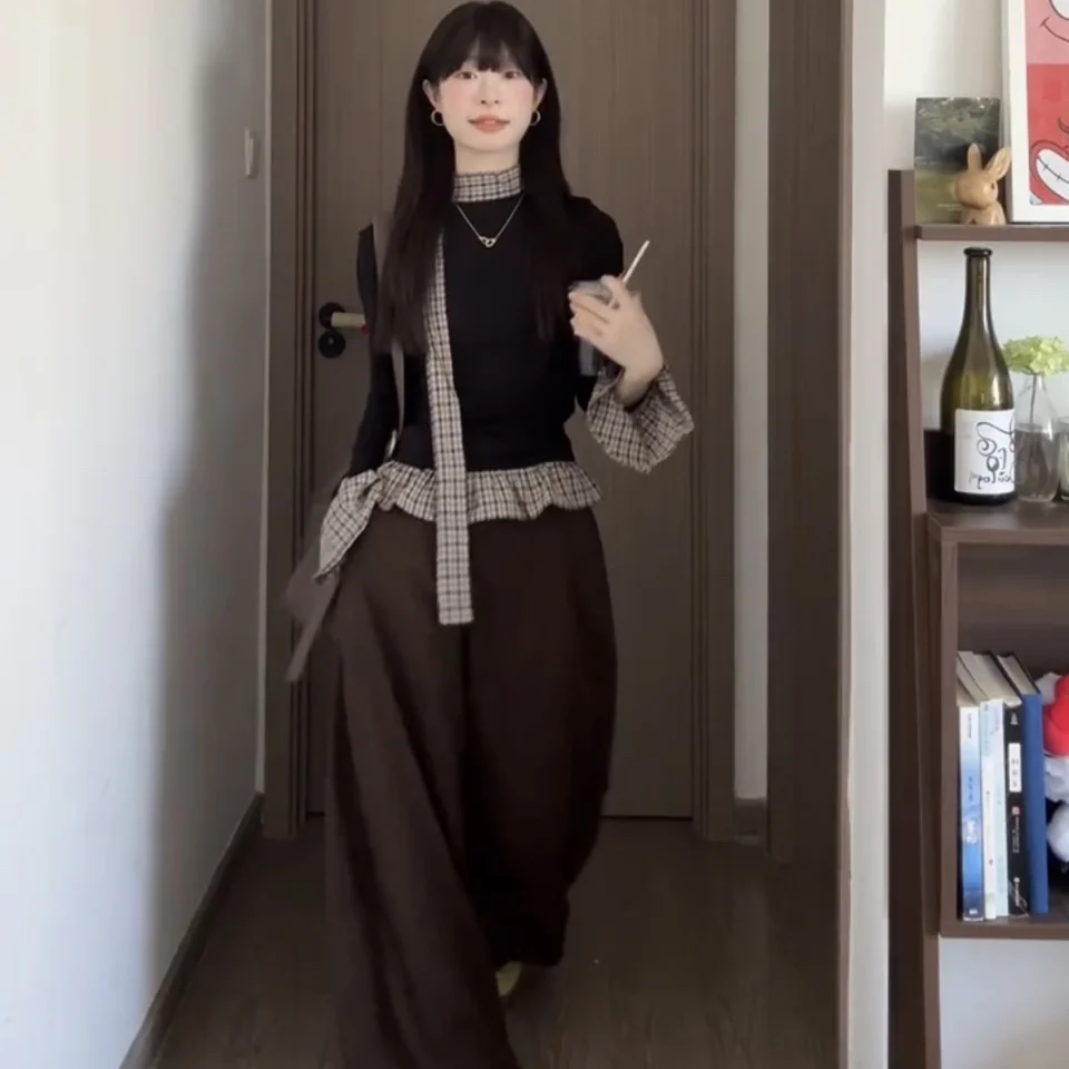Korean Style Long Sleeve T-Shirt Women's Base Layer Unique Beautiful Patchwork Autumn Fashion Bell Sleeve Striped Bottoming Top