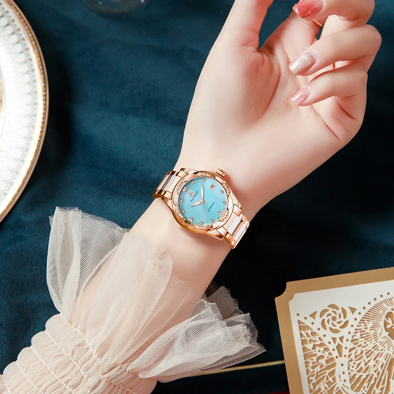 Montre mécanique de luxe pour femmes, diamant, acier inoxydable, bracelet en céramique, étanche, Date, automatique