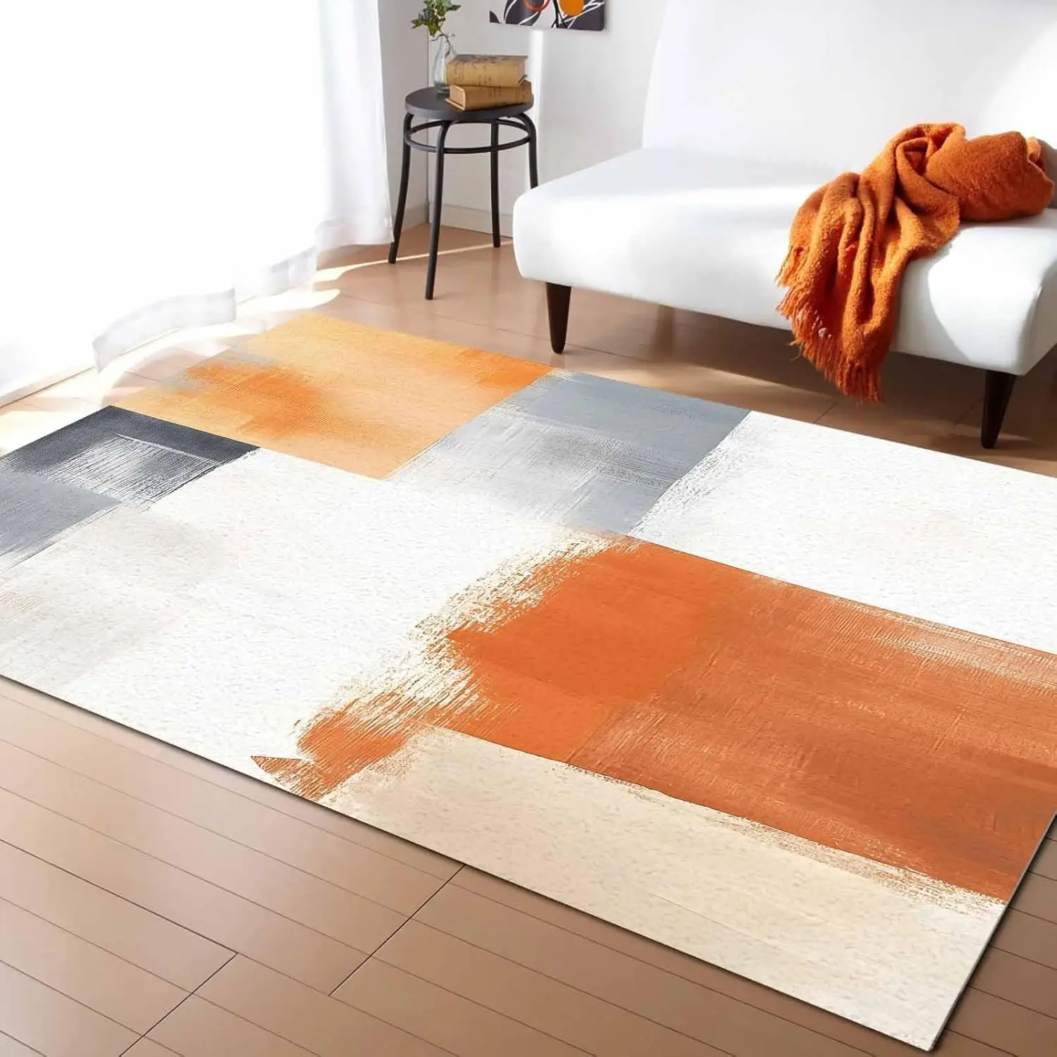 

Orange White Gray Oil Painting Washable Area Rugs Abstract Art Non Slip Rugs for Living Room Bedroom, Low Pile Floor Mat Large