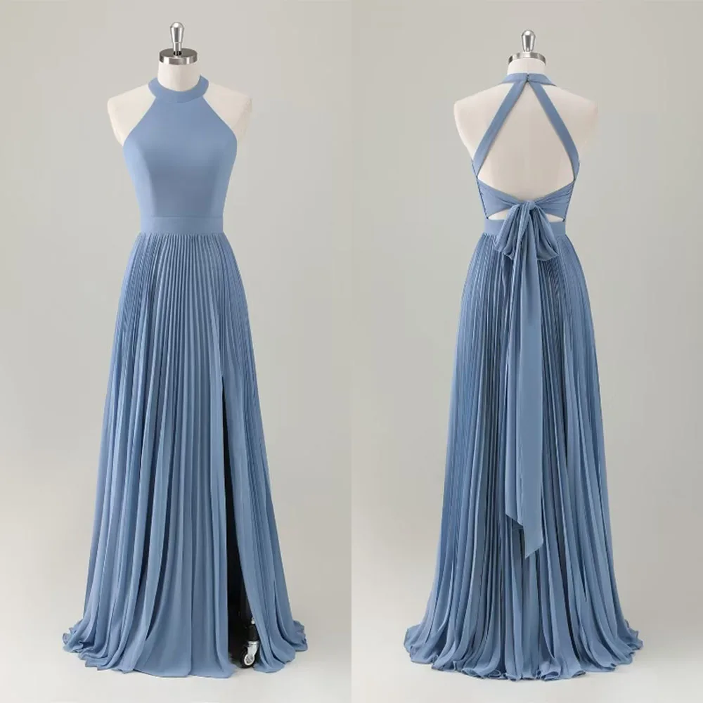 

High Quality Customized Halter Floor Length Pleat Sleeveless Backless Vestidos Para Bodas Mujer Invitada Party Dresses فستان