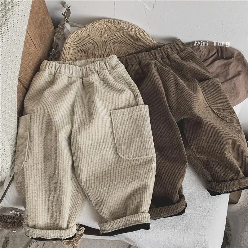 Winter Plush Warm Kids Pants 2024 Korea Style Children\'s Clothing Corduroy Plush Thick Warm Casual Pants for Boys Girls