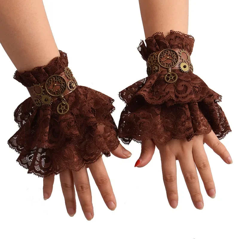 Punhos de pulso Steampunk para mulheres, luvas góticas, luvas punk, manga manual Lolita Cosplay, pulseiras de renda com babados marrons