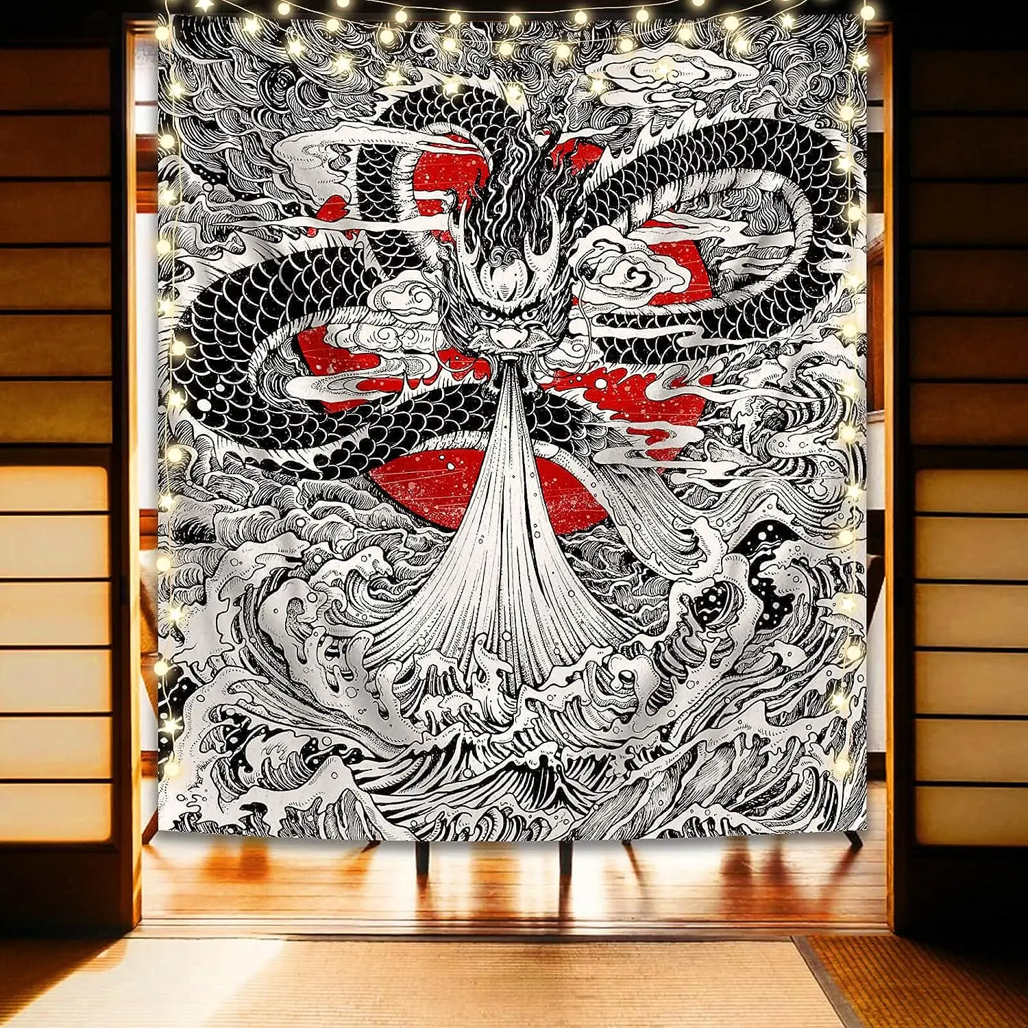 

Japanese Great Wave Red Sun Tapestry Cool Dragon King Anime Black Wall Hanging Tapestries Decoration Home Bohemian Room Decor