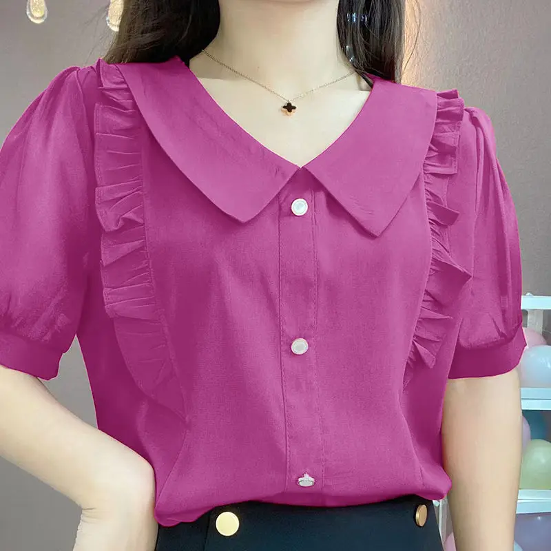 Sweet Peter Pan Collar Loose Folds Ruffles Blouse Women\'s Clothing 2023 Summer New Casual Pullovers Office Lady Chiffon Shirt