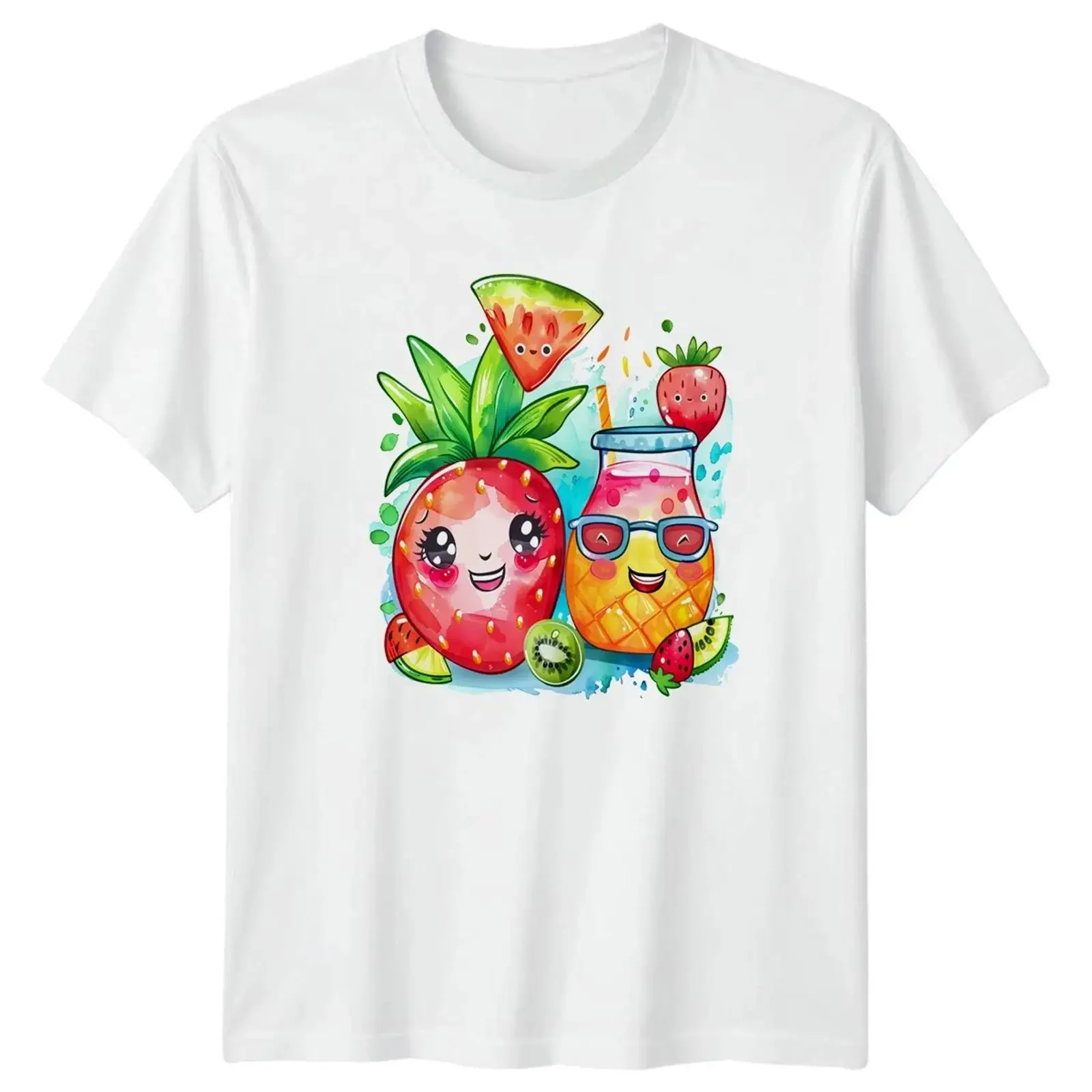 Kawaii Sommer Obst T-Shirt Tropisches Getränk Geschenk für Sie und Ihn Vintage Washed Bequem Dehnbar Unisex Mode Homme