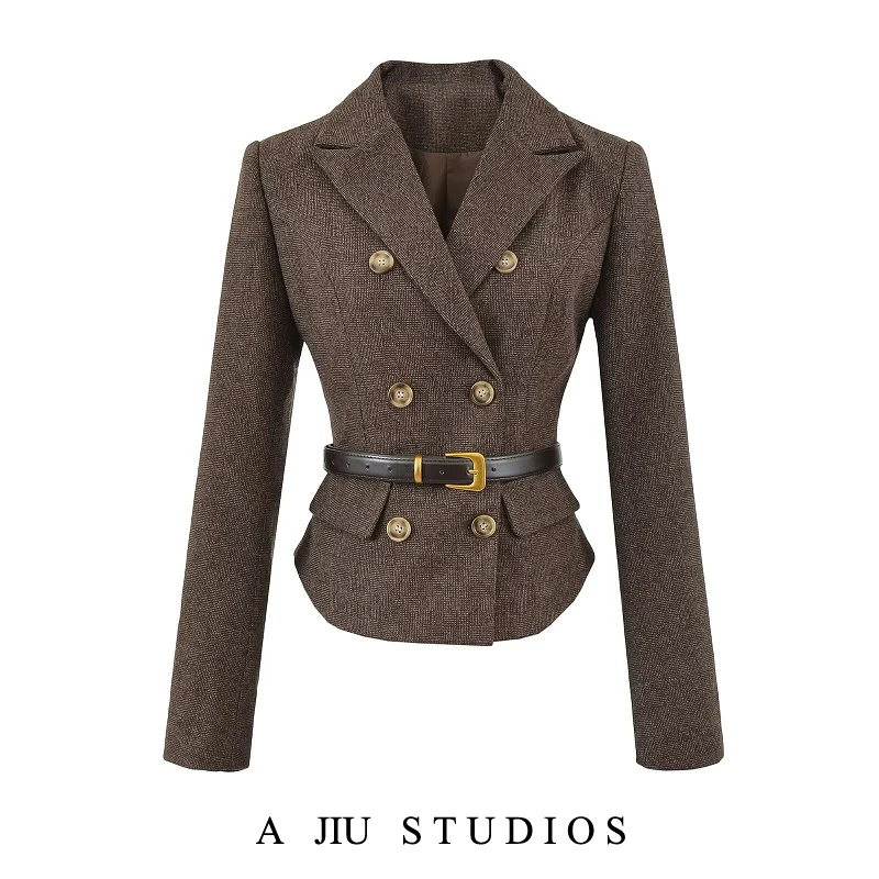

High nce Gold Secretary Set Office Lady Suit Waist Belt Siren Sle Skirt f-length Coat Autumn Winter Women'...