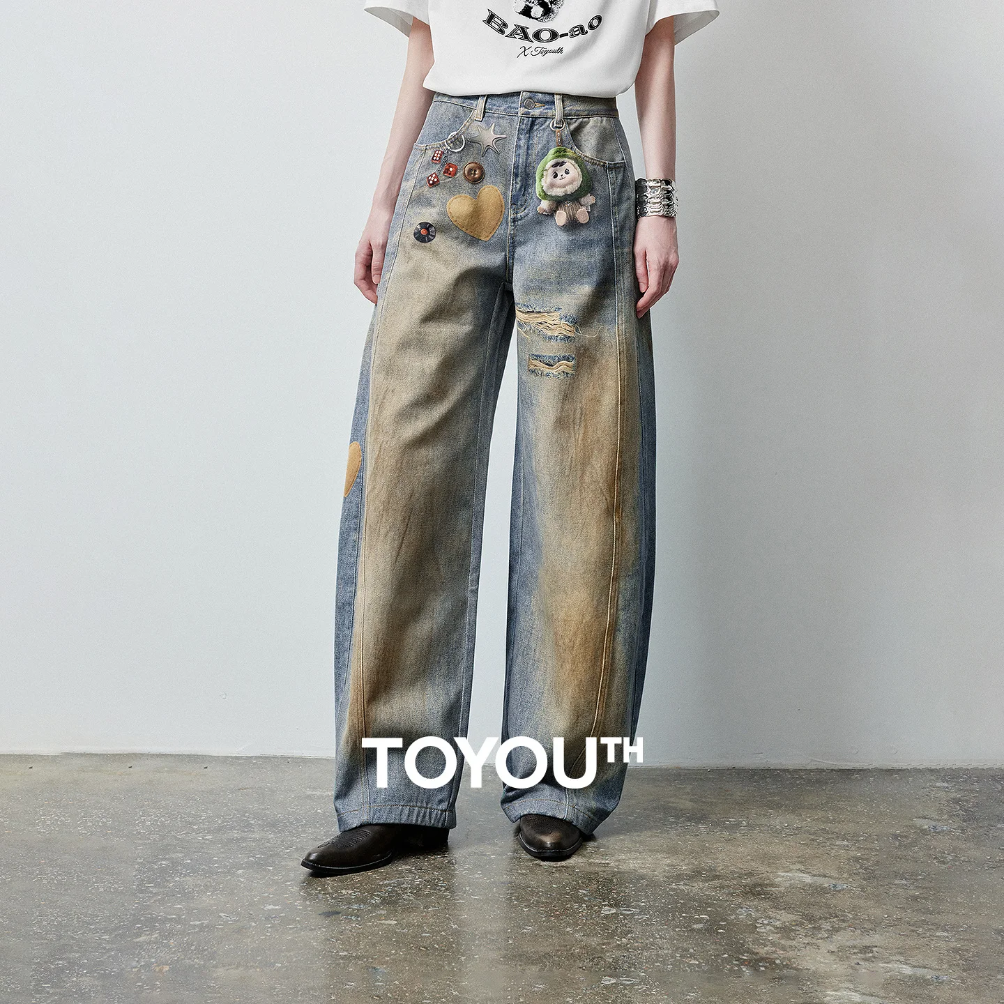 TOYOUTH Women Bao-ao Collaboration Cotton Clay Blue Jeans 2026 Summer New Bag Print Curved Knife Pants
