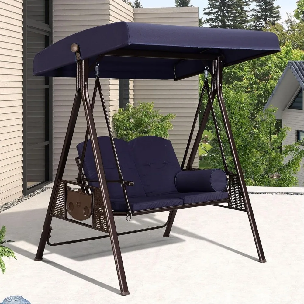 2-Seat Deluxe Outdoor Patio Porch Swing with Weather Resistant Steel Frame, Adjustable Tilt Canopy, Cushions, Patio Swing