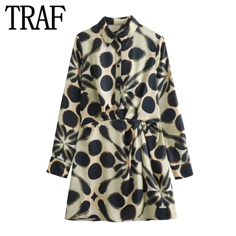 TRAF Geometric Print Satin Dress Woman Pleated Mini Shirt Dress Women Long Sleeve Short Dresses Casual Women's Elegant Dresses