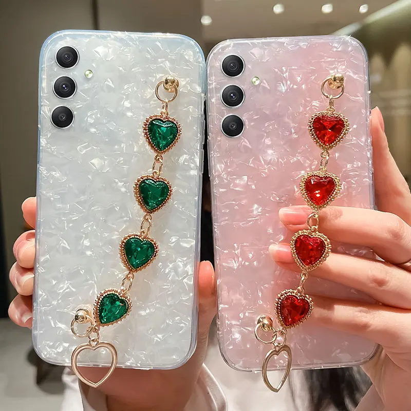 Luxury Diamond Bracelet Chain Phone Case For Samsung galaxy A54 5G A34 A14 Case Glitter Heart On galaxyA54 A 54 Strap Cover Capa