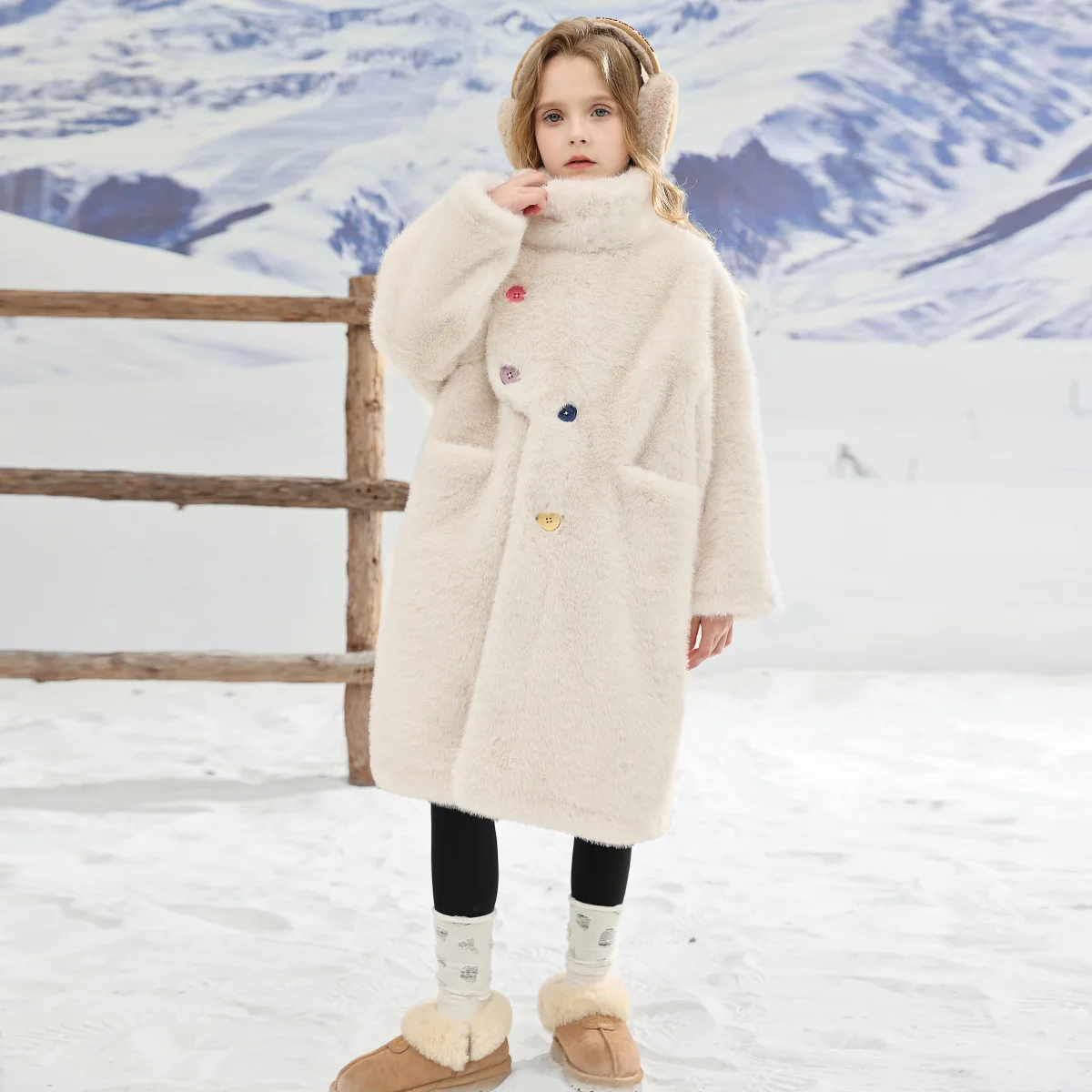 سترة أطفال جديدة لخريف وشتاء 2025 فتاة تقليد فرو المنك معطف فرو فتاة صغيرة منتصف طويلة