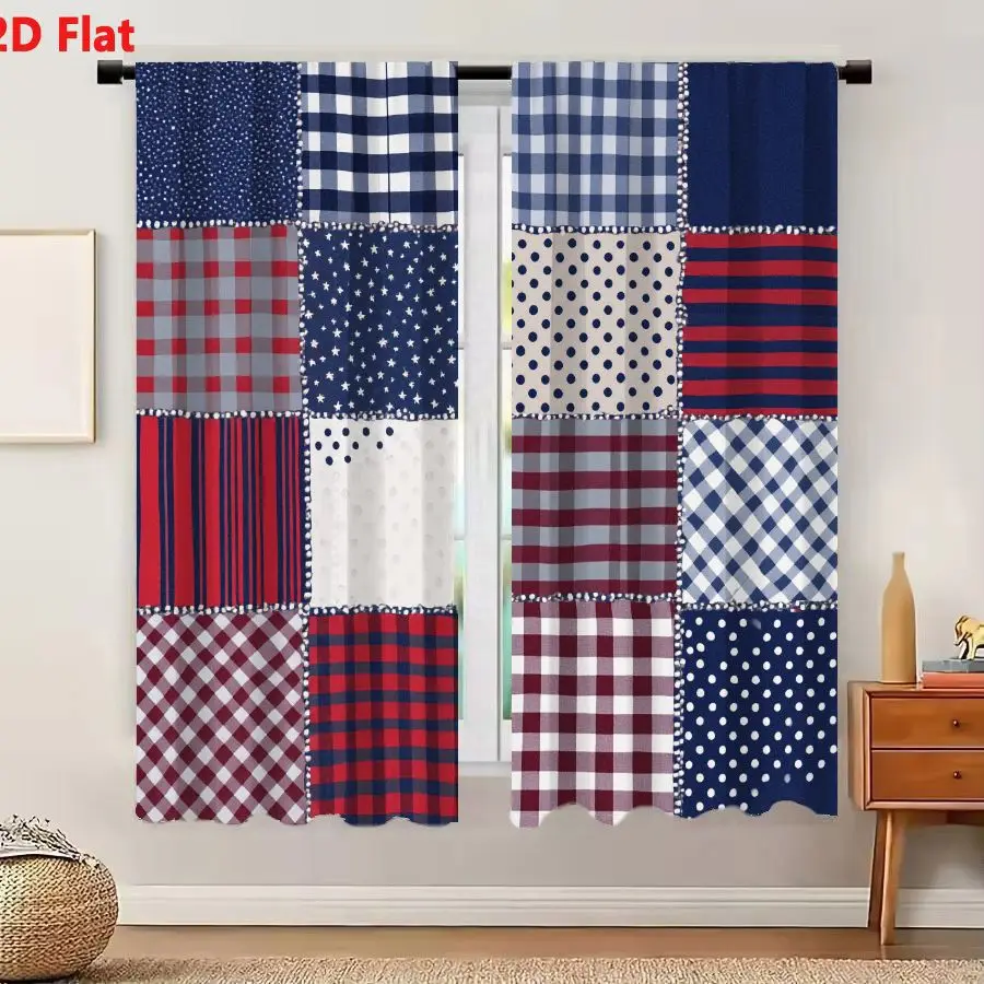 2Pcs Curtains 2D Flat Nine-Patch Quilt with Blue Red White Gray Patterns - Festive Patriotic American Flag Style Patchwork Windo