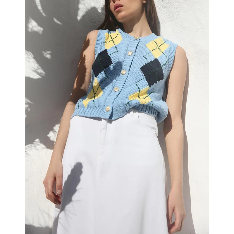 Simple Sle Women's Knitted Vest round Ne Svel Diamond Pattern Button Decor Spring Summer Faion Commute Polyester ...