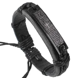 Metal Bible Verse Charm Lettering Cross Bracelet Men Prayer Quotes Adjustable Leather Bracelets Bangles Religious Jewelry