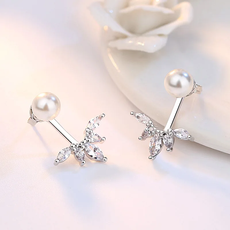 925 Sterling Silver Fashion Temperament Peacock Tail Zircon Pearl Rear Hanging Stud Earrings Birthday Party Anniversary Gift