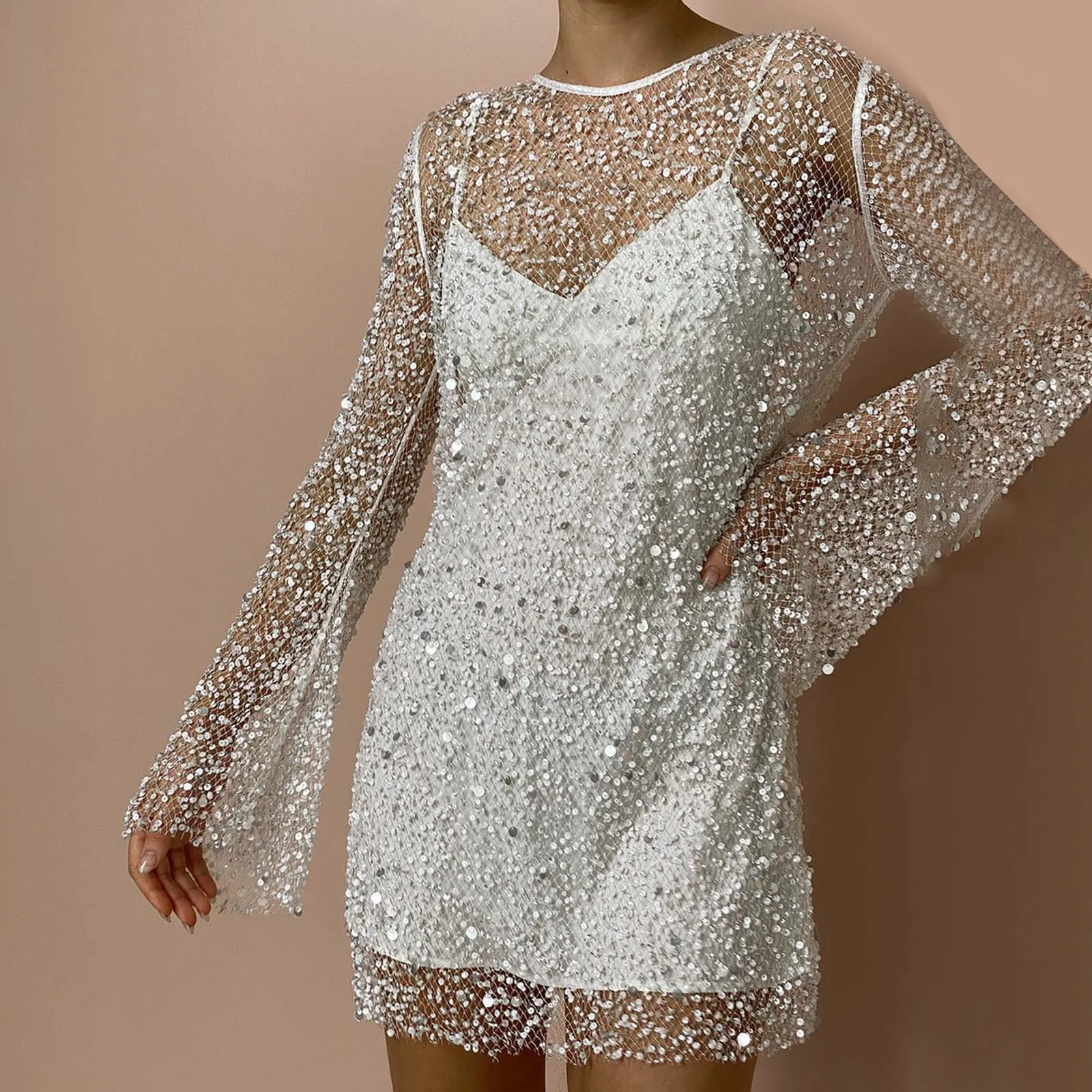 Sexy Sequin Shiny Hollow Evening Dress Women V-neck Sling Dress Suit Party Wedding Long Sleeve See Through A-Line Mini Dress