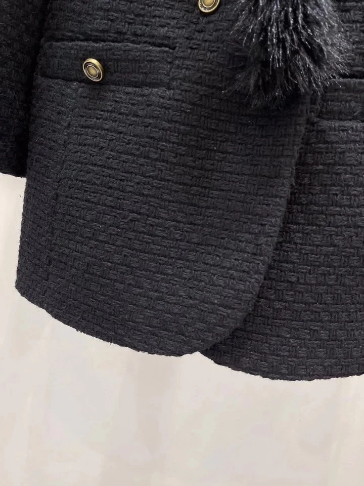 2024 Spring Autumn New Women Vintage Double Breasted Fur Black Tweed Jacket Coat for Female