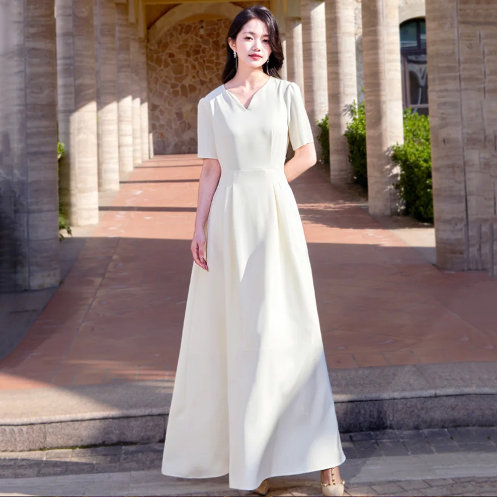 

New Women Summer Elegant Apricot Long Dress Fashion Small V-Neck Short Sleeve High Waist Slim Dress Simplicity Beautiful Dress