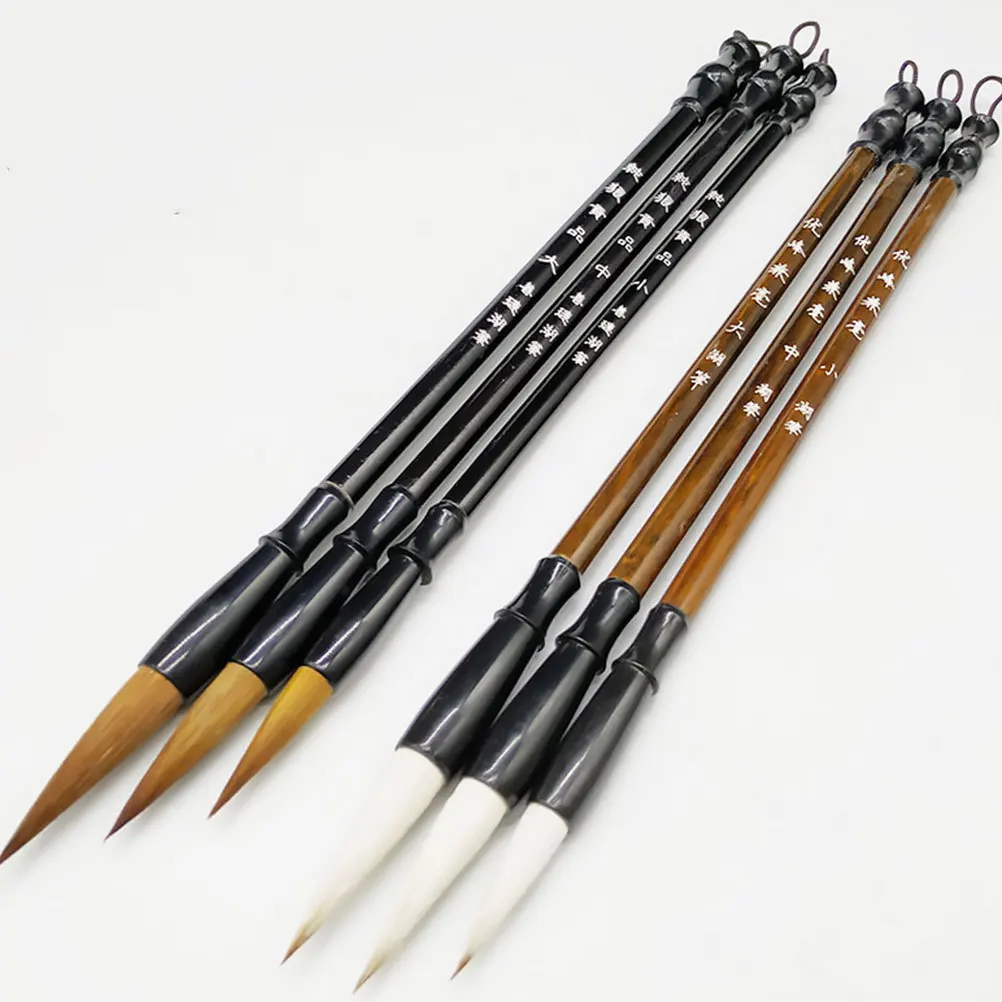 

6Pcs Wolf Hair Chinese Calligraphy Brush Set Wood Handle Sizes L Drawing Writing Tool Traditional Practice