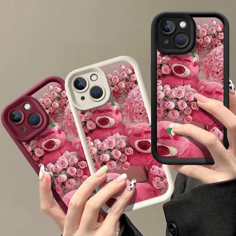 Funda Anime Cute Full Screen Lotso para iPhone 11 12 13 14 15 16 17 Pro Max Plus, diseño romántico de ramo de rosas rosadas, a prueba de golpes.