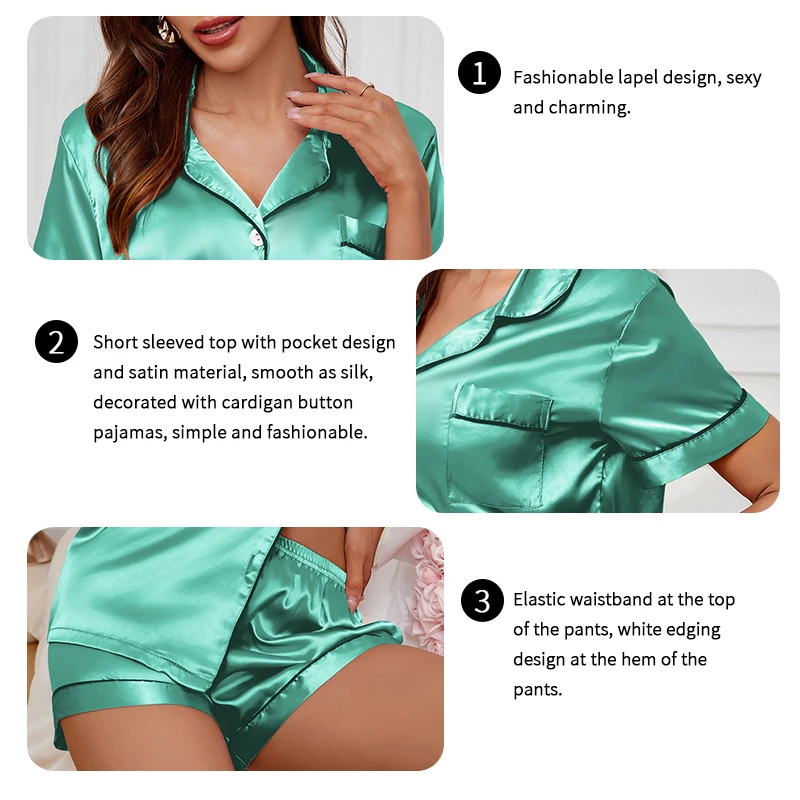 Women\'s Satin Pajama Set Summer Sleepwear Loungewear Short Sleeve Lapel Top & Shorts Pyjamas Button Home Clothes Pajamas Pjs Set