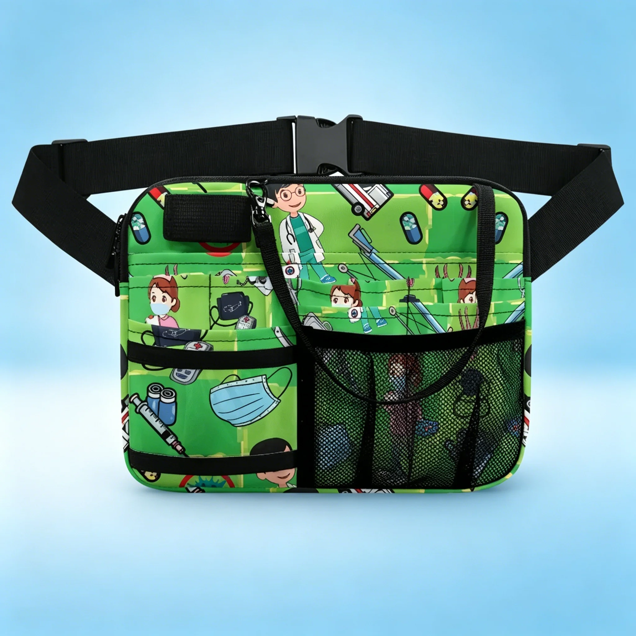 green-medical-theme-waist-bag-cartoon-doctor-nurse-print-fanny-pack-with-multi-pockets-belt-organizer-for-hospital-clinic-work