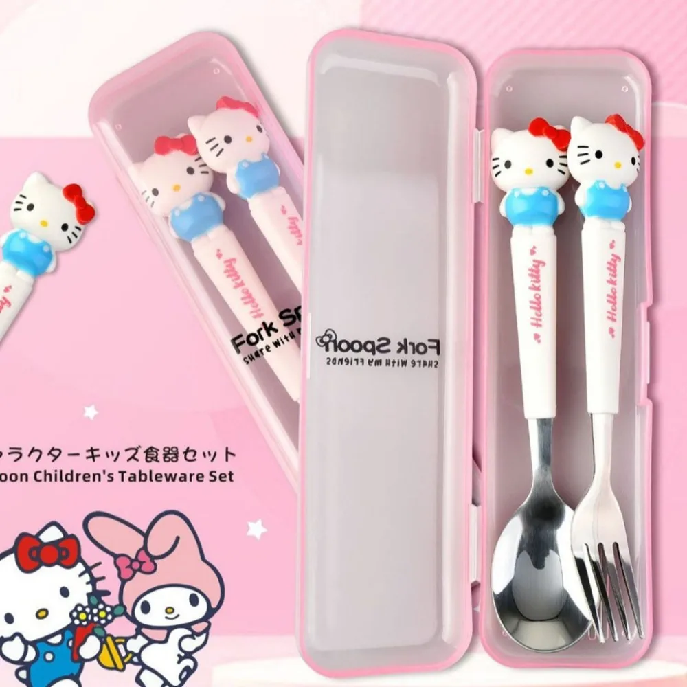 Sanrio Children Tableware Kuromi Melody Hello Kitty Silicone Handle Tableware Two-piece Set Cinnamoroll Fork Spoon Kids Gifts