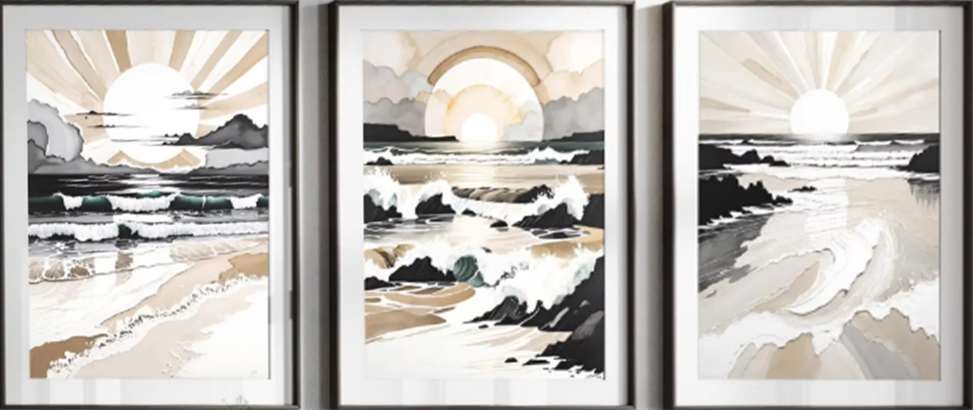 3pcs (No frame),Neutral Boho Beach Canvas Wall Art, Abstract Sun & Ocean Watercolor Prints, Coastal Posters for Living Room B