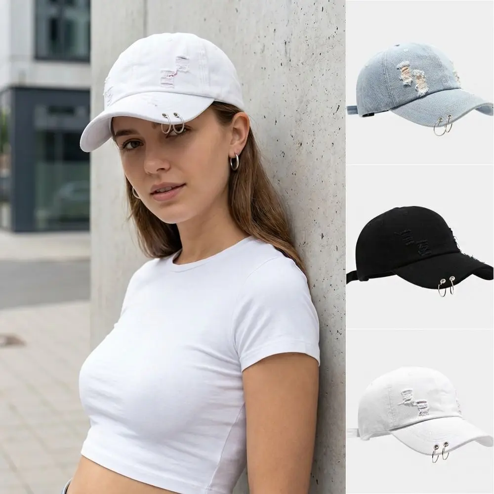 

Versatile Creative Iron Ring Baseball Cap Cotton Distressed Design Sunscreen Hat Korean Hip Hop Ripped Denim Baseball Hat Men