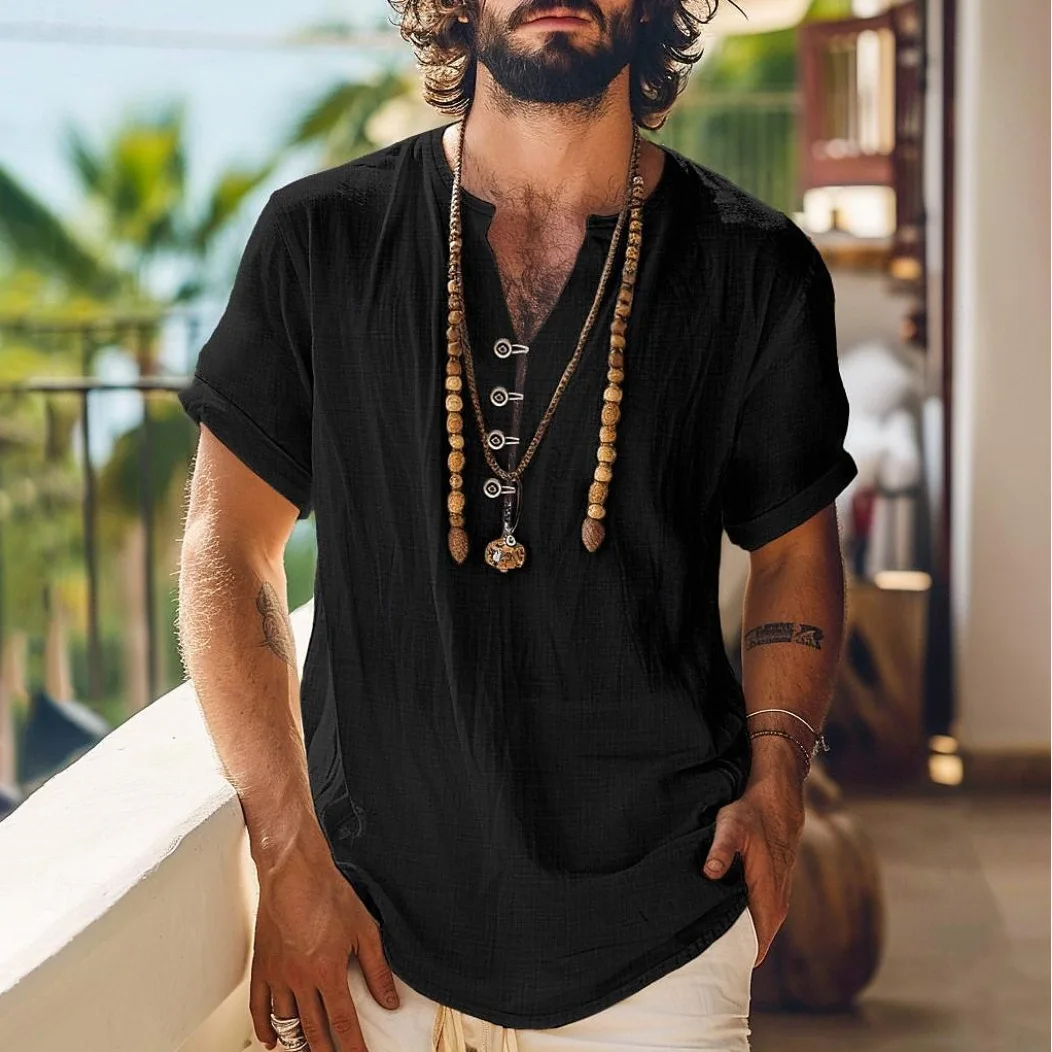 

Men's Cotton Linen Short Sleeve Shirt Breathable Summer Casual Button Down T-Shirt | Slim Fit Plain Office Daily Wear