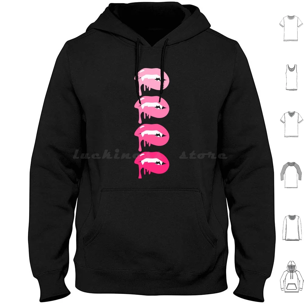 Shades Of Pink Lips With Fangs Hoodies Long Sleeve Horror Fangs Vampire Pink Pop Art