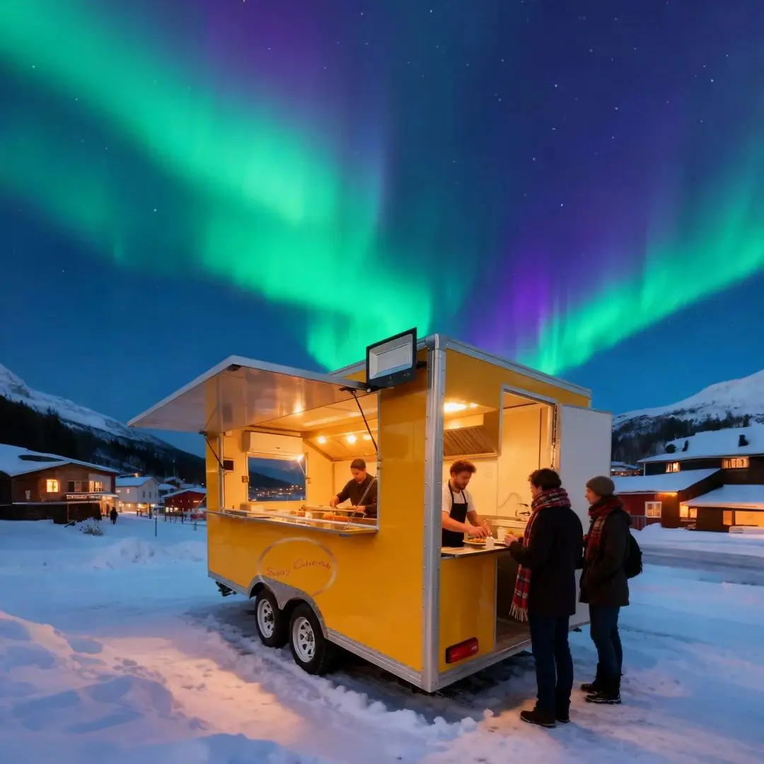 

Bright Yellow Outdoor Food Trailer with Silver Metal Edges Simple Vibrant Design Portable Kitchen Stand for Street Food