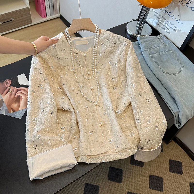 

iny Bead Embroidery New Chinese Sle round Ne Tang Suit Jaet Long Sve Retro Hanfu Outerwear Flaing 3D Pattern