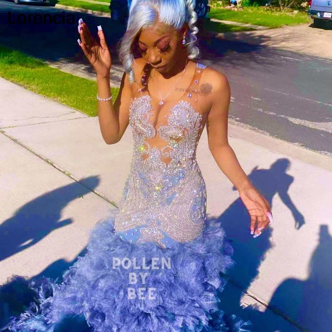 Customized Diamonds Blue Prom Dress 2024 For Black Girls Crystal Rhinestone Beading Tiered Ruffle Party Dress Vestido YPD127