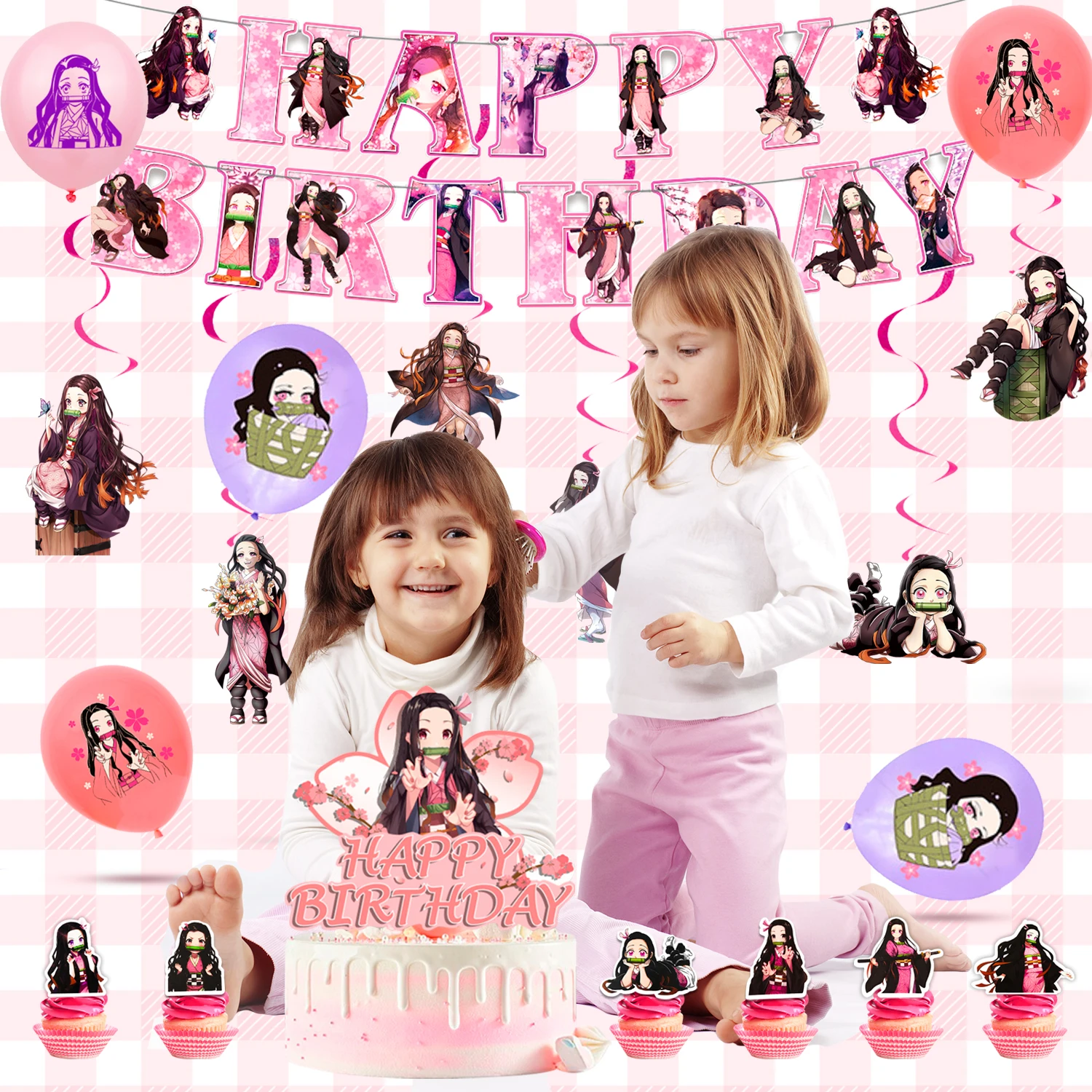 زينة عيد ميلاد Nezuko، 117 قطعة من الزينة ومجموعة أدوات المائدة للحفلات من Nezuko - أطباق للحفلات ومفرش المائدة والبالونات العلوية للكعك #2
