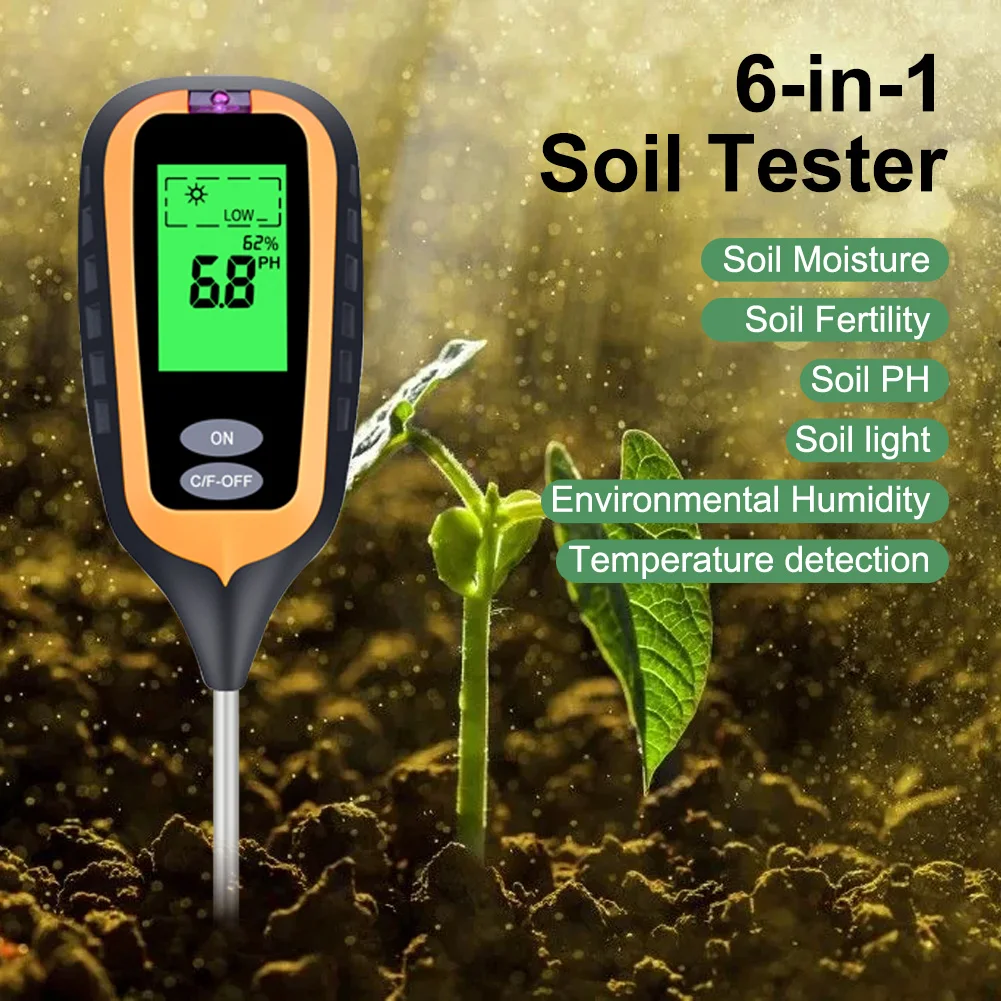 

6 In 1 Handheld Soil Tester LCD Digital PH Moisture Sunlight Temp Fertility Detector Humidity Monitor Gardening Planting Tool