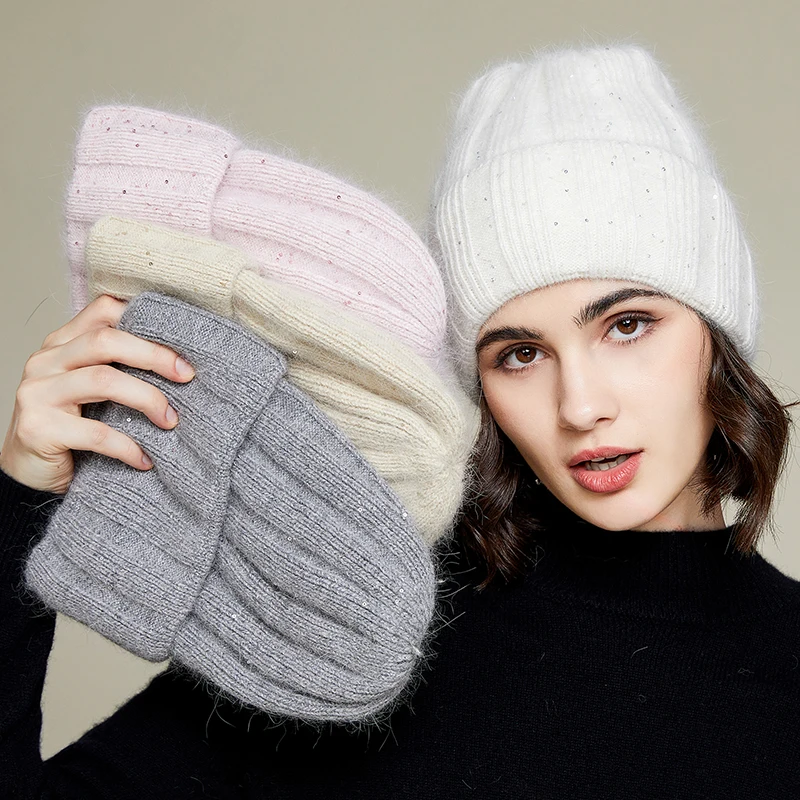 New 7 Colors Rabbit Fur Winter Hat For Woman With Sequin Lurex Double Layers Woman Warm Winter Bonnet Gift Top Quality Wholesale