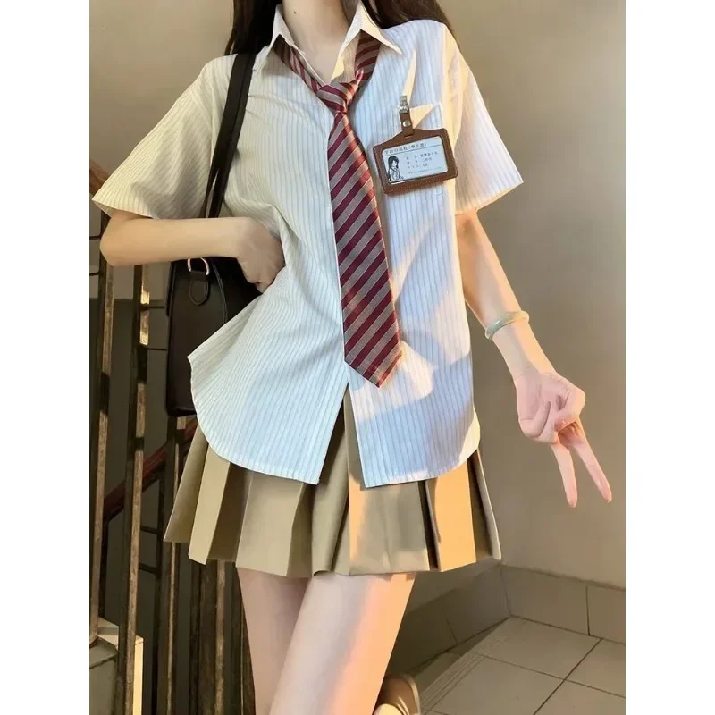 Japanese Style Striped Short Sleeved Jk Uniform Tie Women 2023 Summer Korean Chic Sailor Uniform Shirt Skirt School Clothes