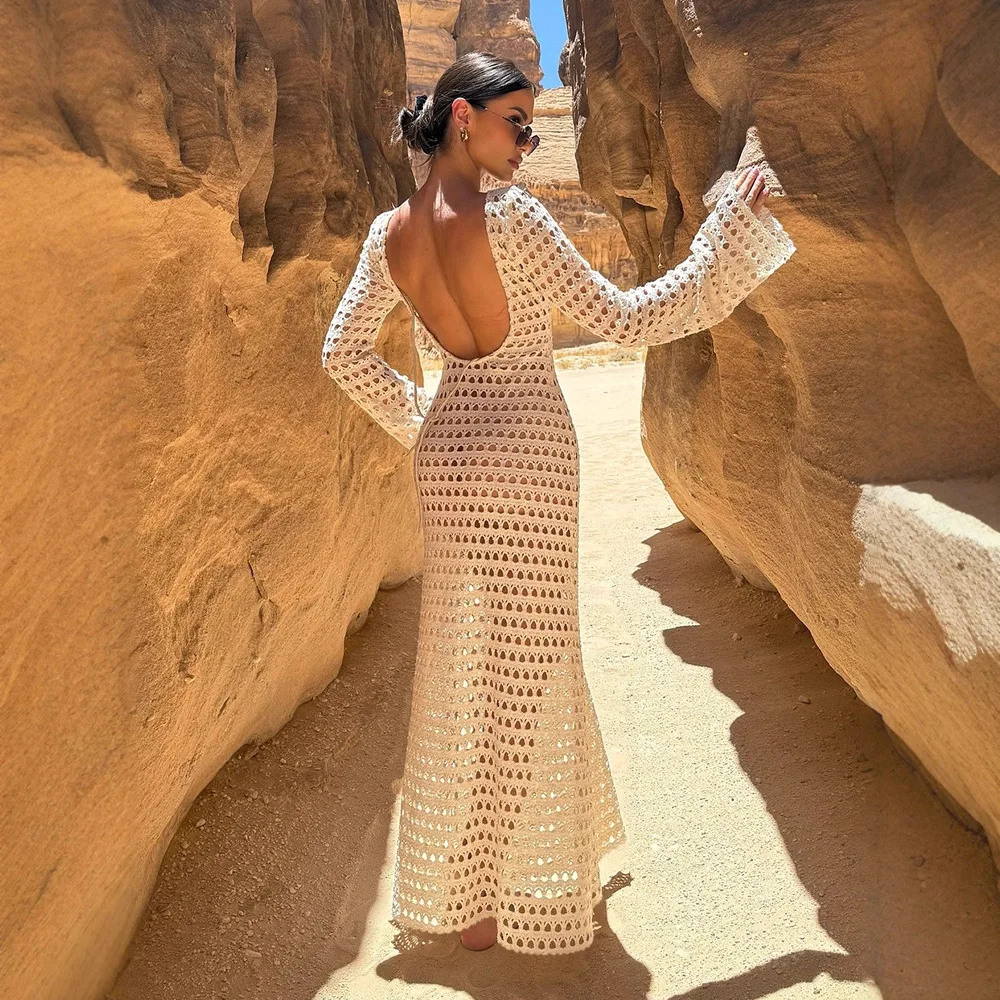 Hollow-out long-sleeved vacation beach sunscreen halter strap flared sleeve crew neck blouse dress cover-ups swimsuit women