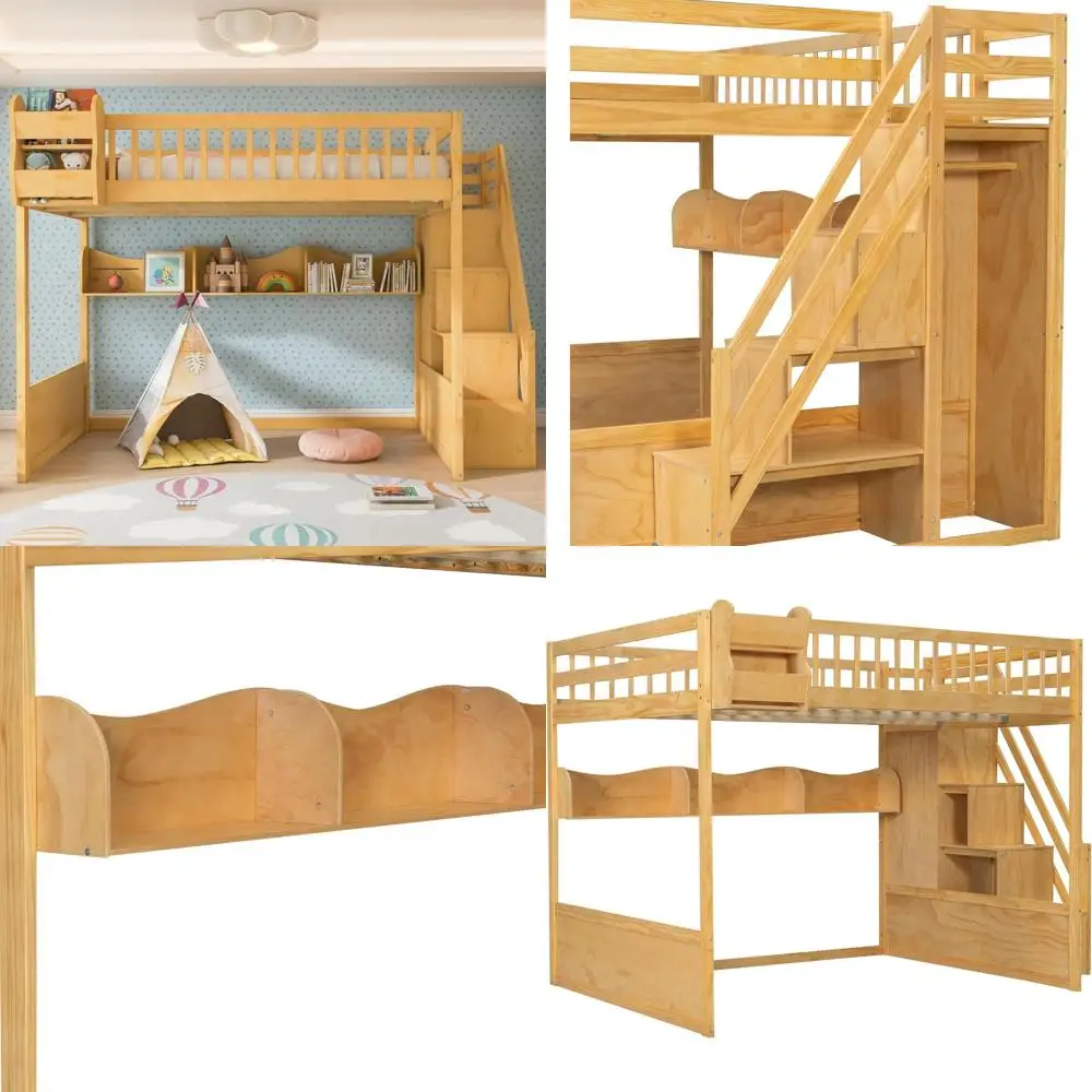 Natural Solid Wood Queen Size Bunk Bed with Storage, Stairs, Wardrobe, and Full-Length Guardrails for Kids