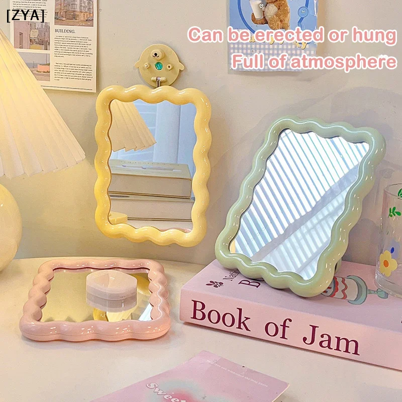 Corrugated Desktop Makeup Mirror Solid Color Simple Portable Handheld Makeup Mirror Foldable Student Compact Cute Mirror[ZYA]