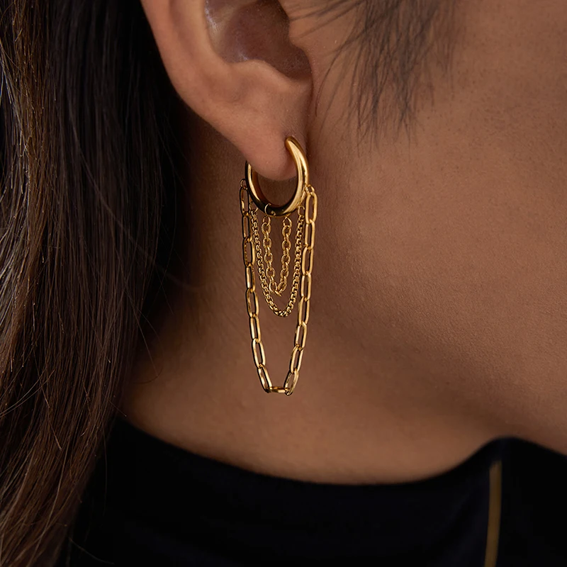 أقراط شرابة على شكل سلسلة مطلية بالذهب عيار 18 قيراط - مجوهرات من الفولاذ المقاوم للصدأ مضادة للحساسية للنساء، ملابس مقاومة للماء للحفلات والسهرة