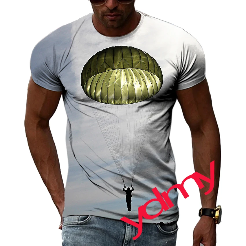 

Tide Fashion Summe Parachute Picture Men's T-shirt Casual Print Tees Hip Hop Personality Round Neck Short Sleev Tops