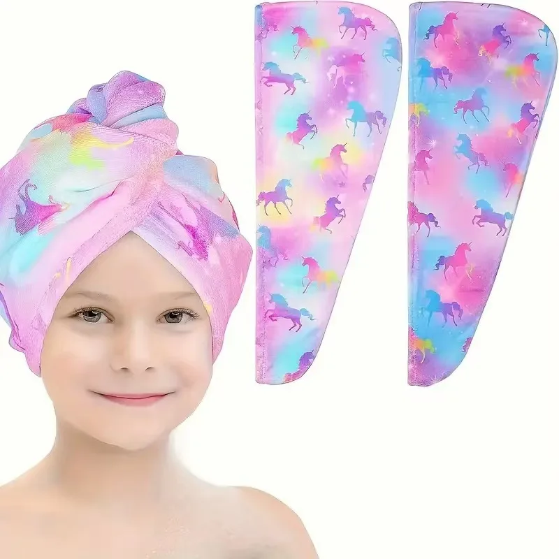 2Pcs Microfiber Hair Towel Wrap for Girls Cartoon Hair Wrap Towel Quick Drying Printed Hair Towel Gifts for Girls Sister Friend