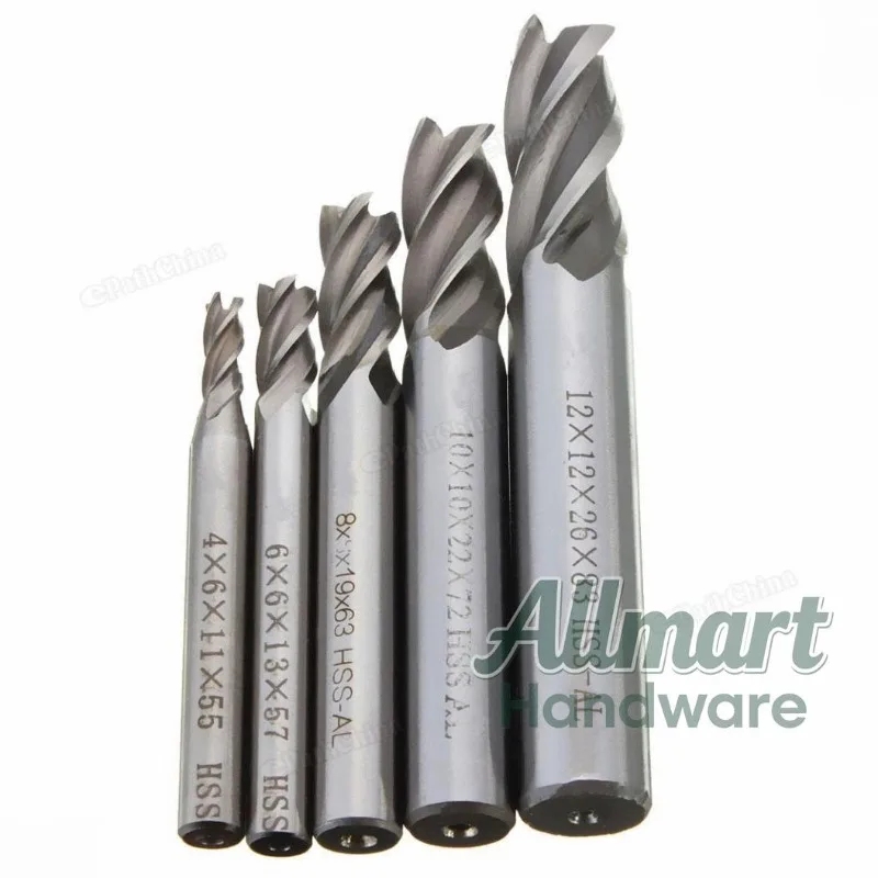 

5 pieces/batch milling cutter drill bit kit HSS straight shank 4-slot end drill bit tool 4 6/8 10 12mm CNC milling machine